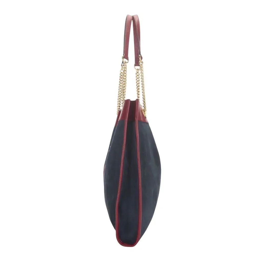 GUCCI Navy Blue Suede & Red Leather Trim Large Sylvie Web Rajah Tote Bag